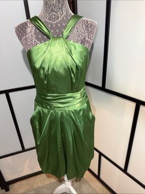 David's Bridal Shiny Lime Green Satin Halter Mini Dress